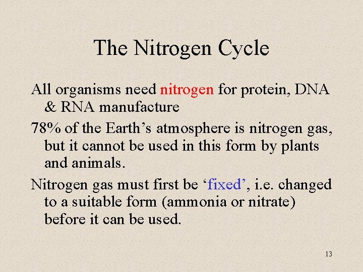 The Nitrogen Cycle All organisms need nitrogen for protein, DNA & RNA manufacture 78%
