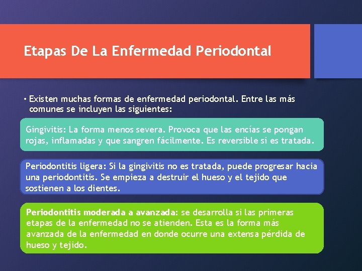 Etapas De La Enfermedad Periodontal • Existen muchas formas de enfermedad periodontal. Entre las