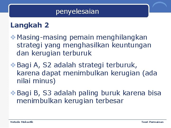 penyelesaian Langkah 2 v Masing-masing pemain menghilangkan strategi yang menghasilkan keuntungan dan kerugian terburuk