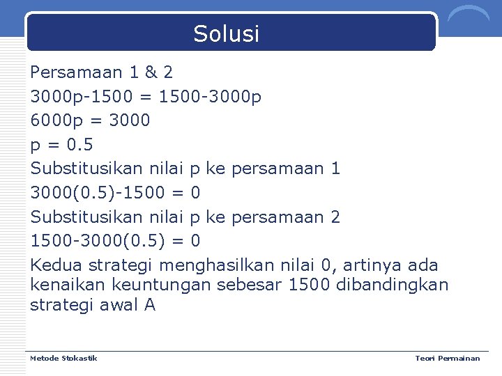Solusi Persamaan 1 & 2 3000 p-1500 = 1500 -3000 p 6000 p =