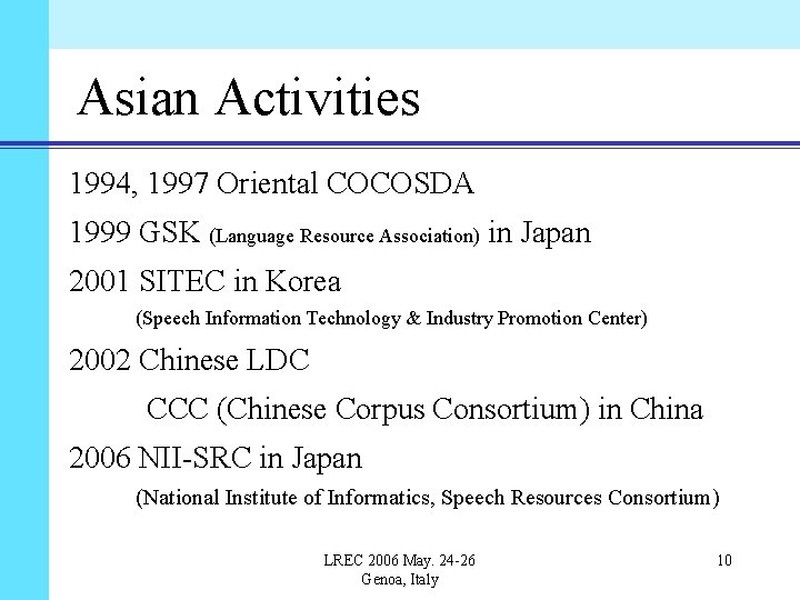 Asian Activities 1994, 1997 Oriental COCOSDA 1999 GSK (Language Resource Association) in Japan 2001