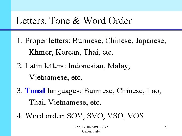 Letters, Tone & Word Order 1. Proper letters: Burmese, Chinese, Japanese, Khmer, Korean, Thai,