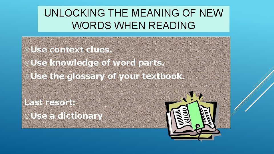UNLOCKING THE MEANING OF NEW WORDS WHEN READING Use context clues. Use knowledge of