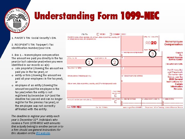 Understanding Form 1099 -NEC 1. PAYER’S TIN: Social Security’s EIN. 2. RECIPIENT’S TIN: Taxpayer’s