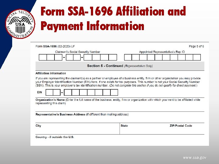 Form SSA-1696 Affiliation and Payment Information www. ssa. gov 