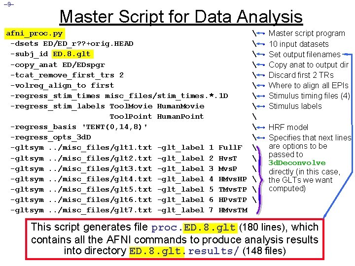 – 9– Master Script for Data Analysis afni_proc. py -dsets ED/ED_r? ? +orig. HEAD