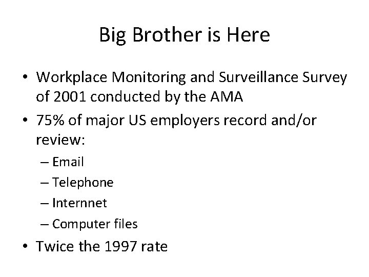 Big Brother is Here • Workplace Monitoring and Surveillance Survey of 2001 conducted by