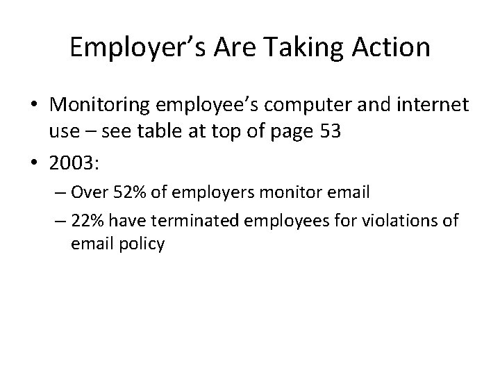 Employer’s Are Taking Action • Monitoring employee’s computer and internet use – see table
