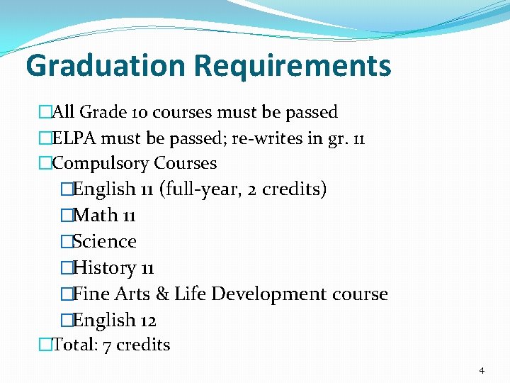 Graduation Requirements �All Grade 10 courses must be passed �ELPA must be passed; re-writes