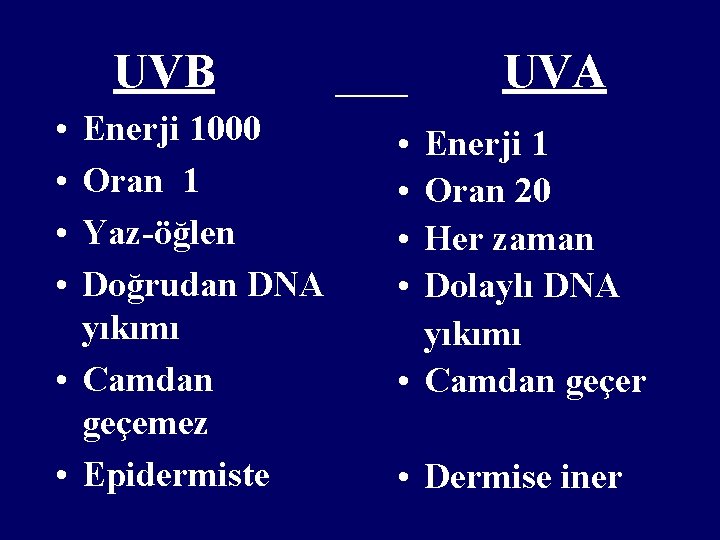 UVB • • Enerji 1000 Oran 1 Yaz-öğlen Doğrudan DNA yıkımı • Camdan geçemez