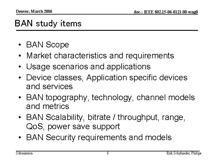 Denver, March 2006 doc. : IEEE 802. 15 -06 -0121 -00 -wng 0 BAN