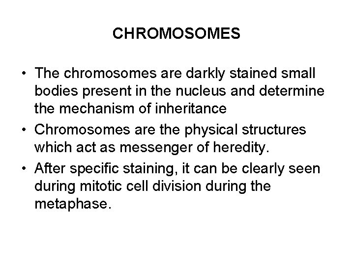 CHROMOSOMES • The chromosomes are darkly stained small bodies present in the nucleus and