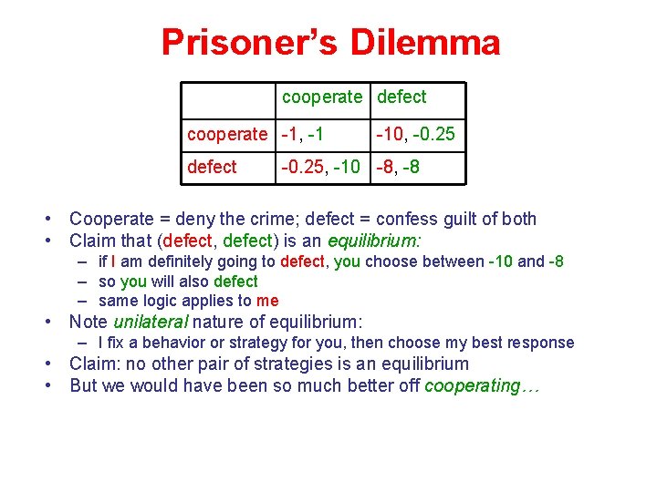 Prisoner’s Dilemma cooperate defect cooperate -1, -1 defect -10, -0. 25, -10 -8, -8