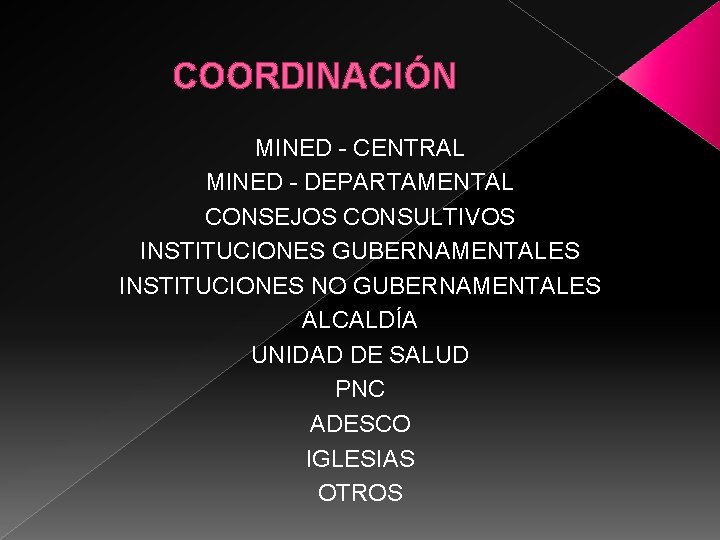 COORDINACIÓN MINED - CENTRAL MINED - DEPARTAMENTAL CONSEJOS CONSULTIVOS INSTITUCIONES GUBERNAMENTALES INSTITUCIONES NO GUBERNAMENTALES