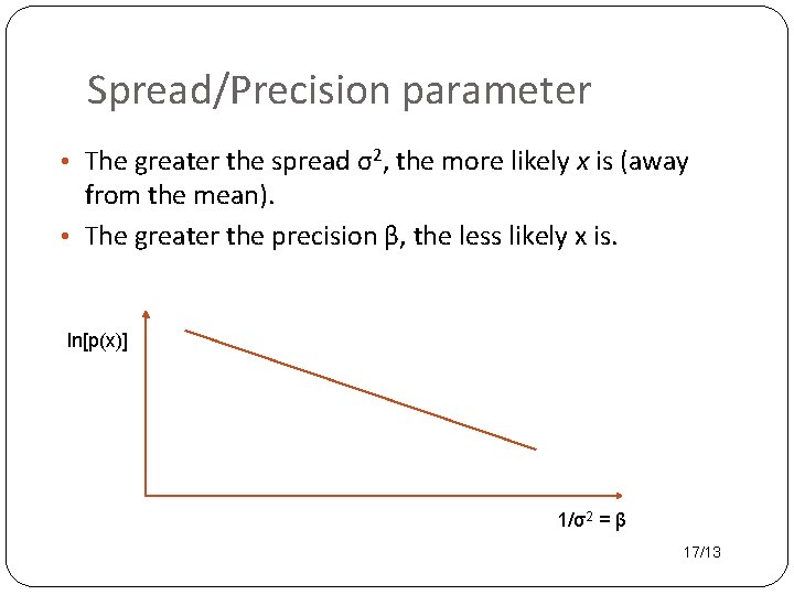 Spread/Precision parameter • The greater the spread σ2, the more likely x is (away