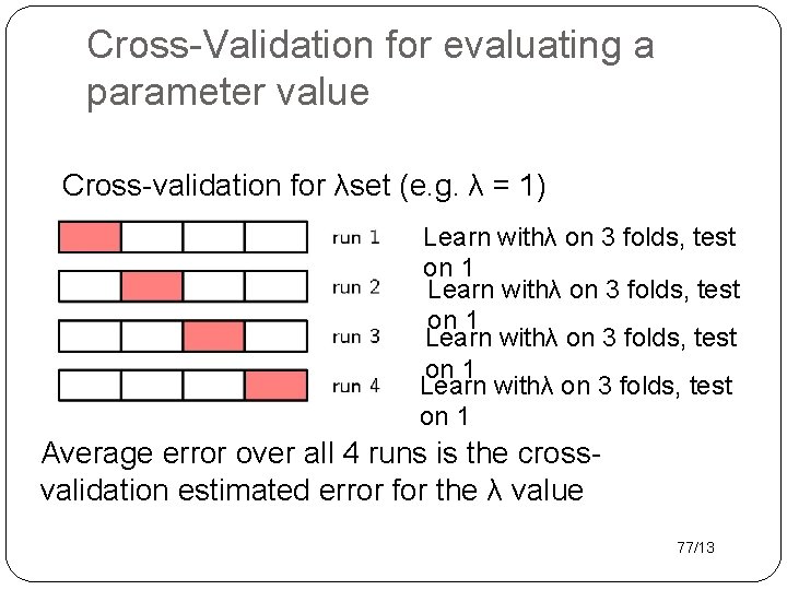 Cross-Validation for evaluating a parameter value Cross-validation for λset (e. g. λ = 1)