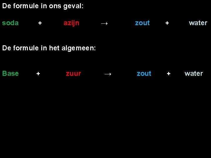 De formule in ons geval: soda + azijn → zout + water De formule