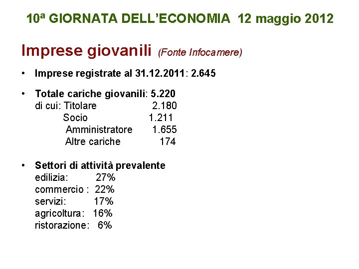 10ª GIORNATA DELL’ECONOMIA 12 maggio 2012 Imprese giovanili (Fonte Infocamere) • Imprese registrate al