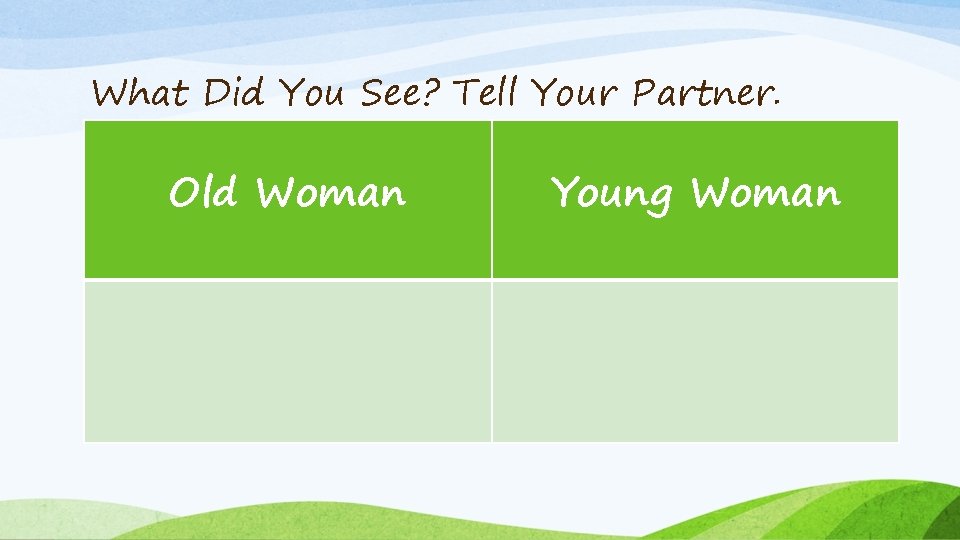 What Did You See? Tell Your Partner. Old Woman Young Woman 