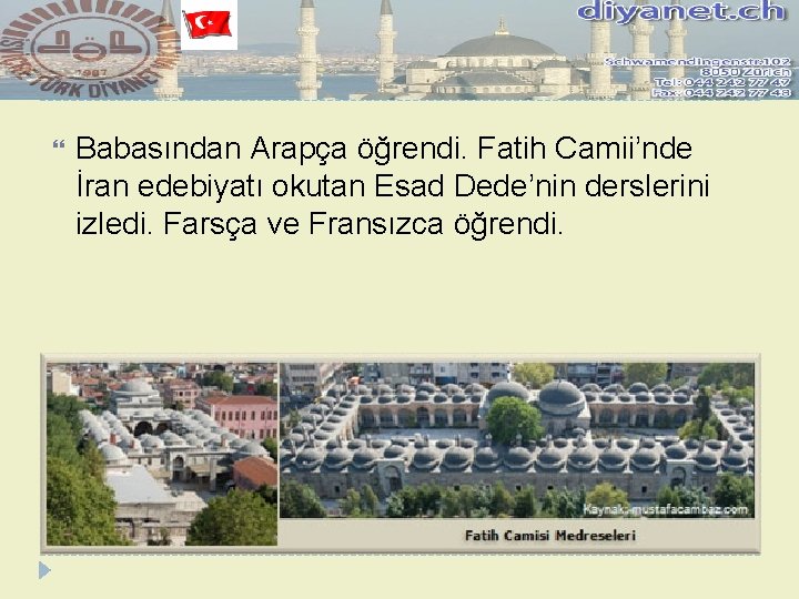  Babasından Arapça öğrendi. Fatih Camii’nde İran edebiyatı okutan Esad Dede’nin derslerini izledi. Farsça