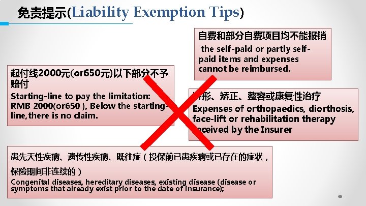 免责提示(Liability Exemption Tips) 自费和部分自费项目均不能报销 起付线 2000元(or 650元)以下部分不予 赔付 Starting-line to pay the limitation: RMB
