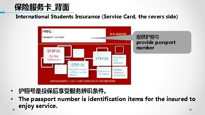 保险服务卡_背面 International Students Insurance (Service Card, the revers side) 提供护照号 provide passport number •