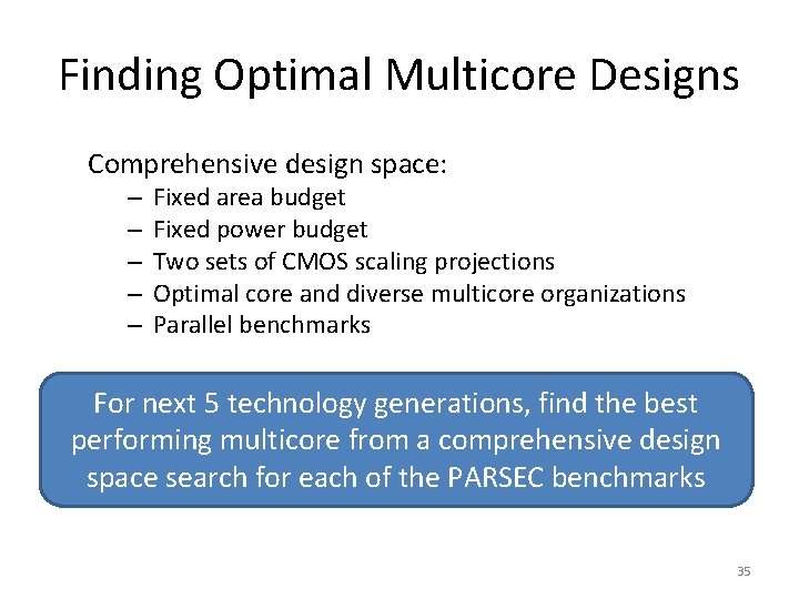 Finding Optimal Multicore Designs Comprehensive design space: – – – Fixed area budget Fixed