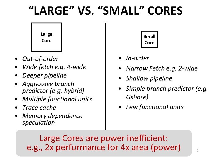 “LARGE” VS. “SMALL” CORES Large Core • • Out-of-order Wide fetch e. g. 4