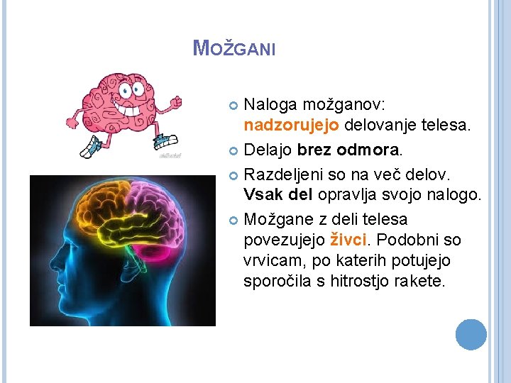 MOŽGANI Naloga možganov: nadzorujejo delovanje telesa. Delajo brez odmora. Razdeljeni so na več delov.