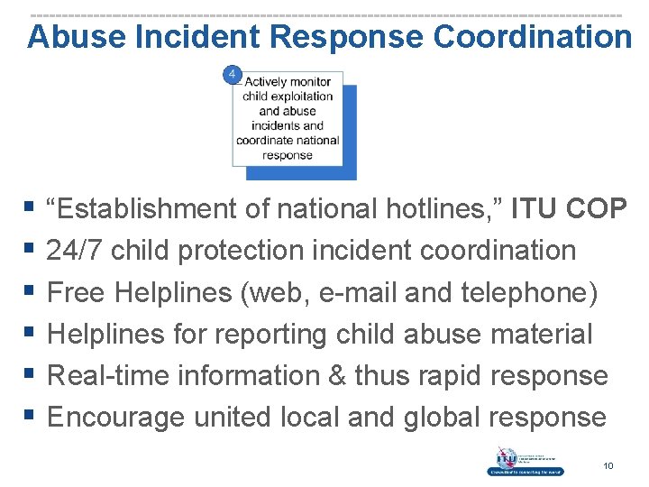 Abuse Incident Response Coordination § “Establishment of national hotlines, ” ITU COP § 24/7