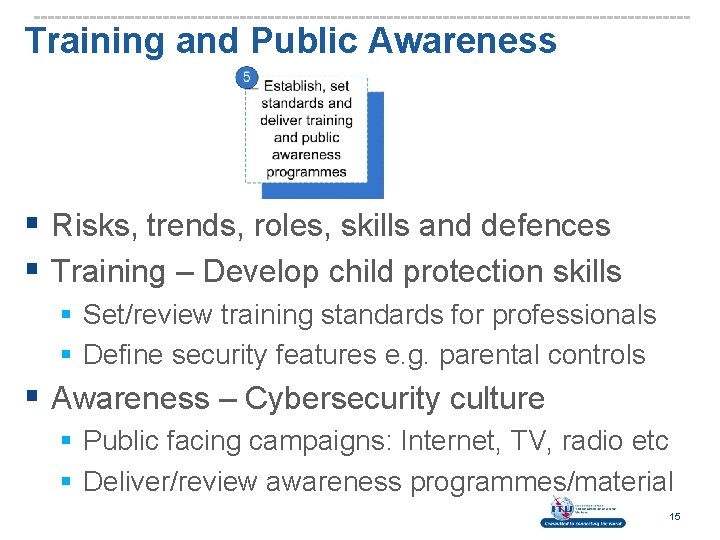 Training and Public Awareness § Risks, trends, roles, skills and defences § Training –