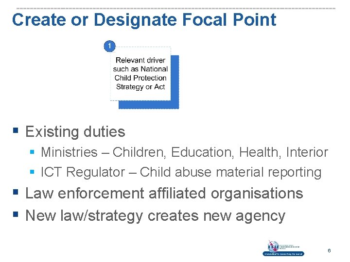 Create or Designate Focal Point § Existing duties § Ministries – Children, Education, Health,
