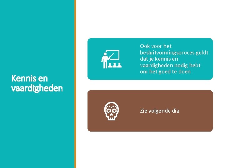 Kennis en vaardigheden Ook voor het besluitvormingsproces geldt dat je kennis en vaardigheden nodig