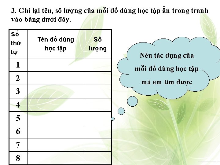 3. Ghi lại tên, số lượng của mỗi đồ dùng học tập ẩn trong