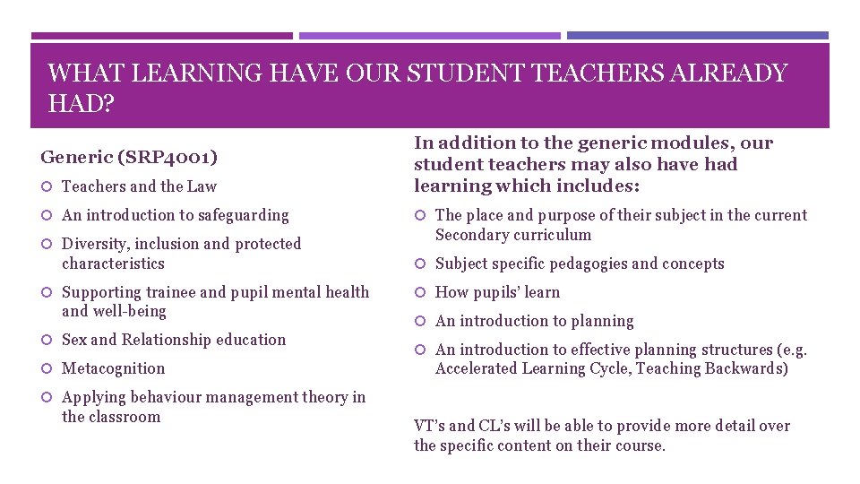 WHAT LEARNING HAVE OUR STUDENT TEACHERS ALREADY HAD? Teachers and the Law In addition