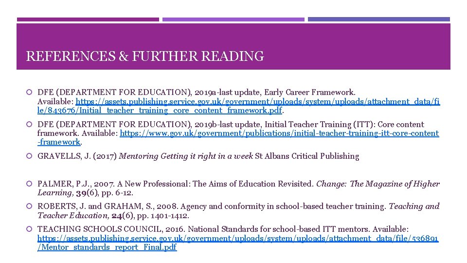 REFERENCES & FURTHER READING DFE (DEPARTMENT FOR EDUCATION), 2019 a-last update, Early Career Framework.