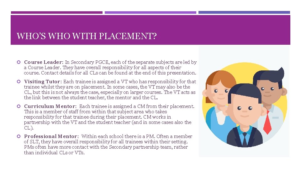 WHO’S WHO WITH PLACEMENT? Course Leader: In Secondary PGCE, each of the separate subjects