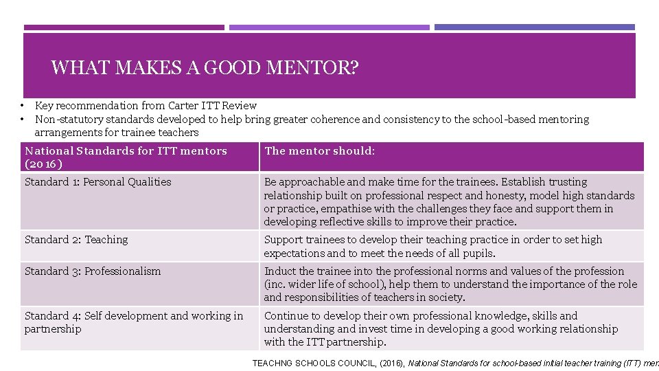 WHAT MAKES A GOOD MENTOR? • • Key recommendation from Carter ITT Review Non-statutory