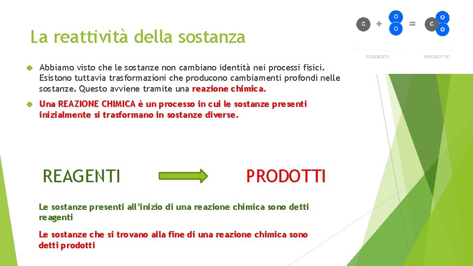 La reattività della sostanza Abbiamo visto che le sostanze non cambiano identità nei processi