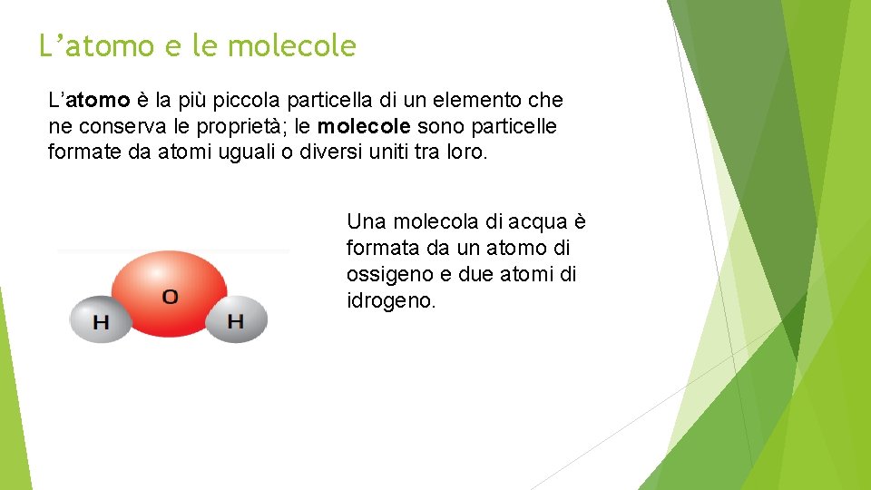 L’atomo e le molecole L’atomo è la più piccola particella di un elemento che