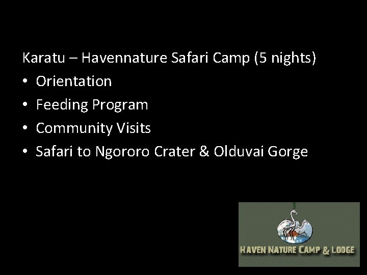 Karatu – Havennature Safari Camp (5 nights) • Orientation • Feeding Program • Community