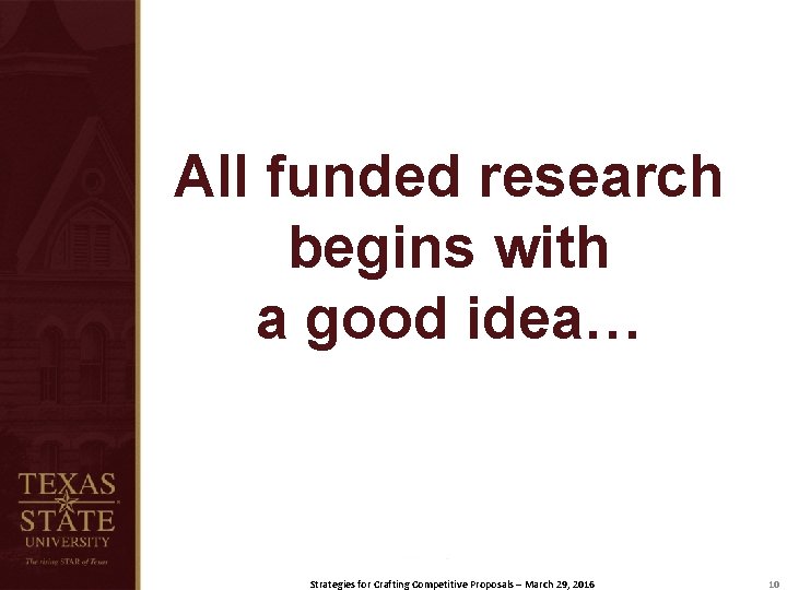 All funded research begins with a good idea… Strategies for Crafting Competitive Proposals –