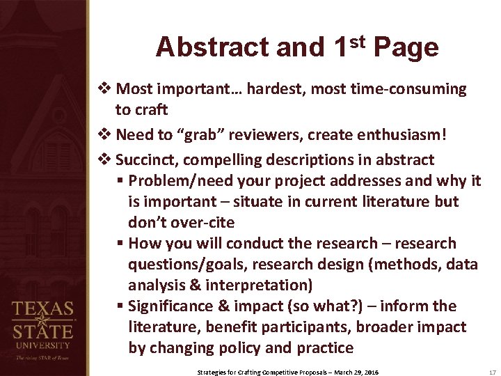 Abstract and 1 st Page v Most important… hardest, most time-consuming to craft v