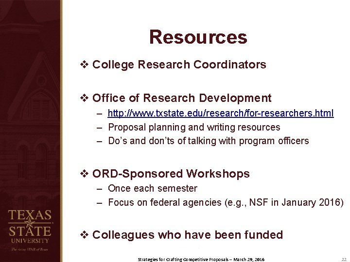 Resources v College Research Coordinators v Office of Research Development – http: //www. txstate.