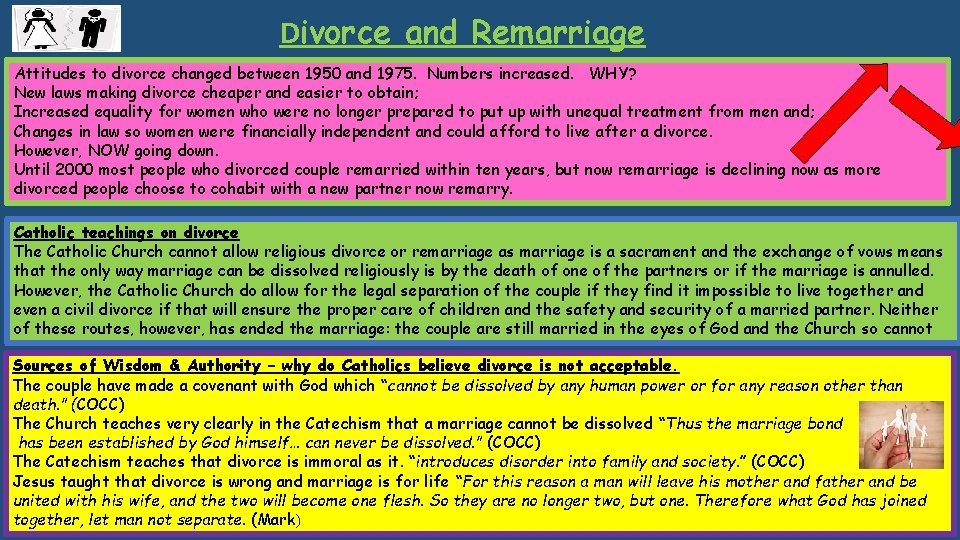 Divorce and Remarriage Attitudes to divorce changed between 1950 and 1975. Numbers increased. WHY?