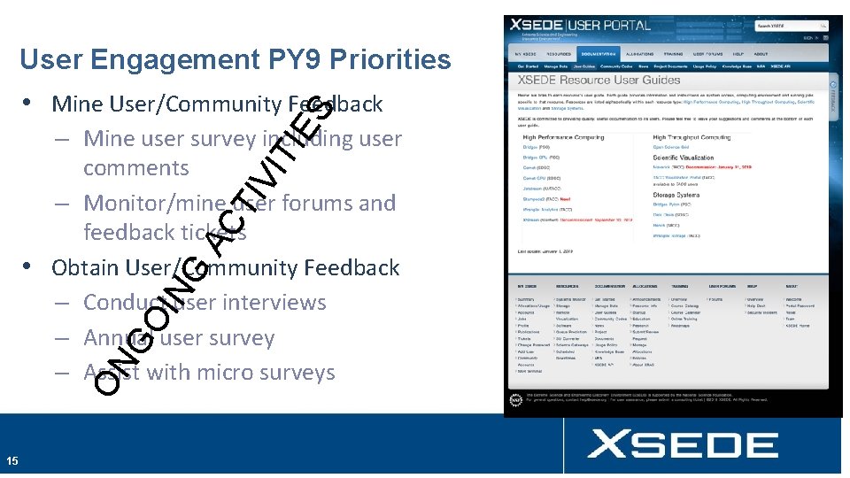 IV IT IE S User Engagement PY 9 Priorities • Mine User/Community Feedback ON
