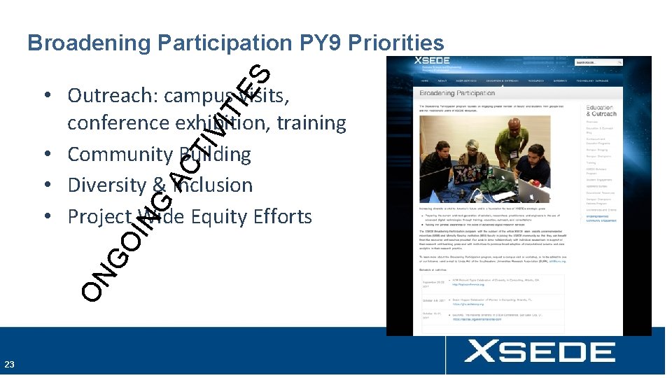 TI VI TI ES Broadening Participation PY 9 Priorities ON GO IN G AC