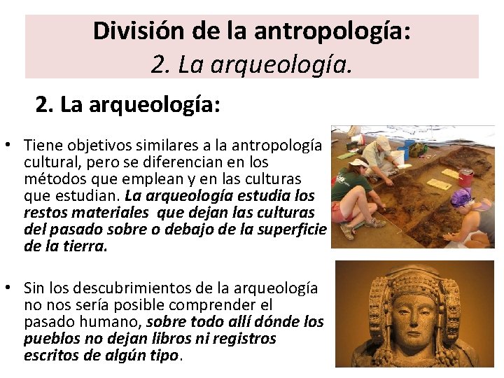 División de la antropología: 2. La arqueología: • Tiene objetivos similares a la antropología