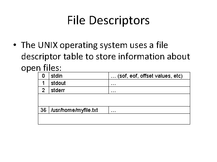 File Descriptors • The UNIX operating system uses a file descriptor table to store