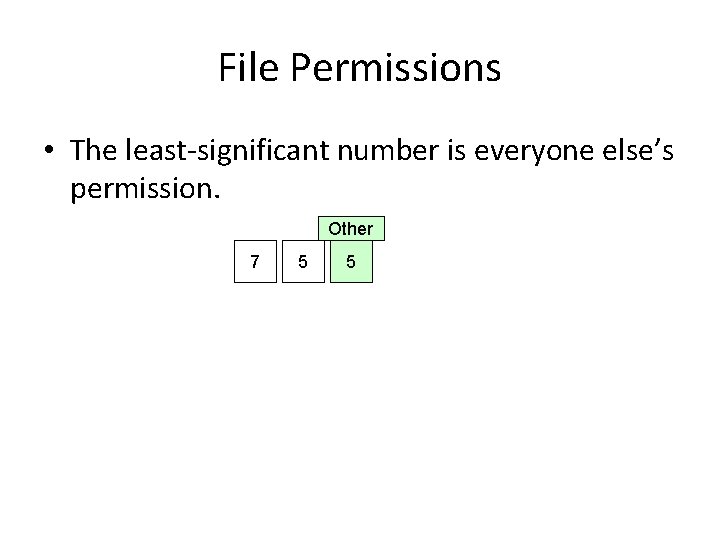 File Permissions • The least-significant number is everyone else’s permission. Other 7 5 5